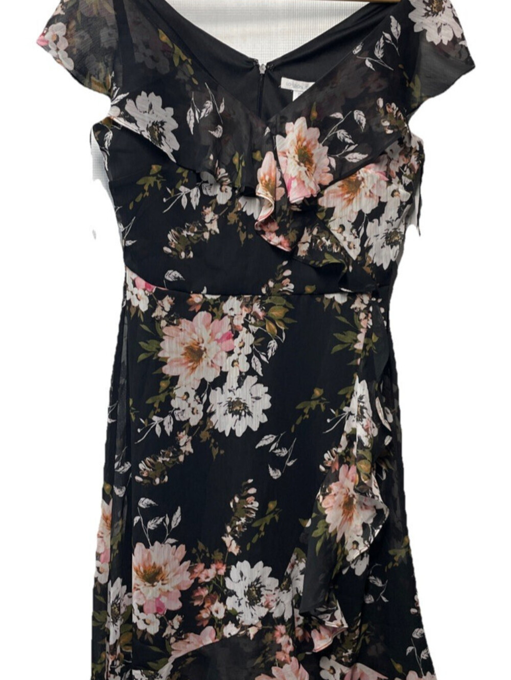 London Times Women's Petite Chiffon Above The Knee Ruffle Dress Size 6 Black